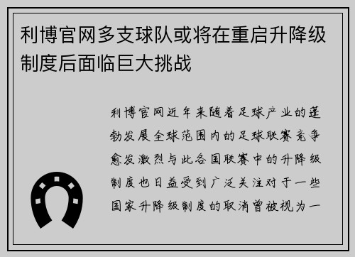 利博官网多支球队或将在重启升降级制度后面临巨大挑战